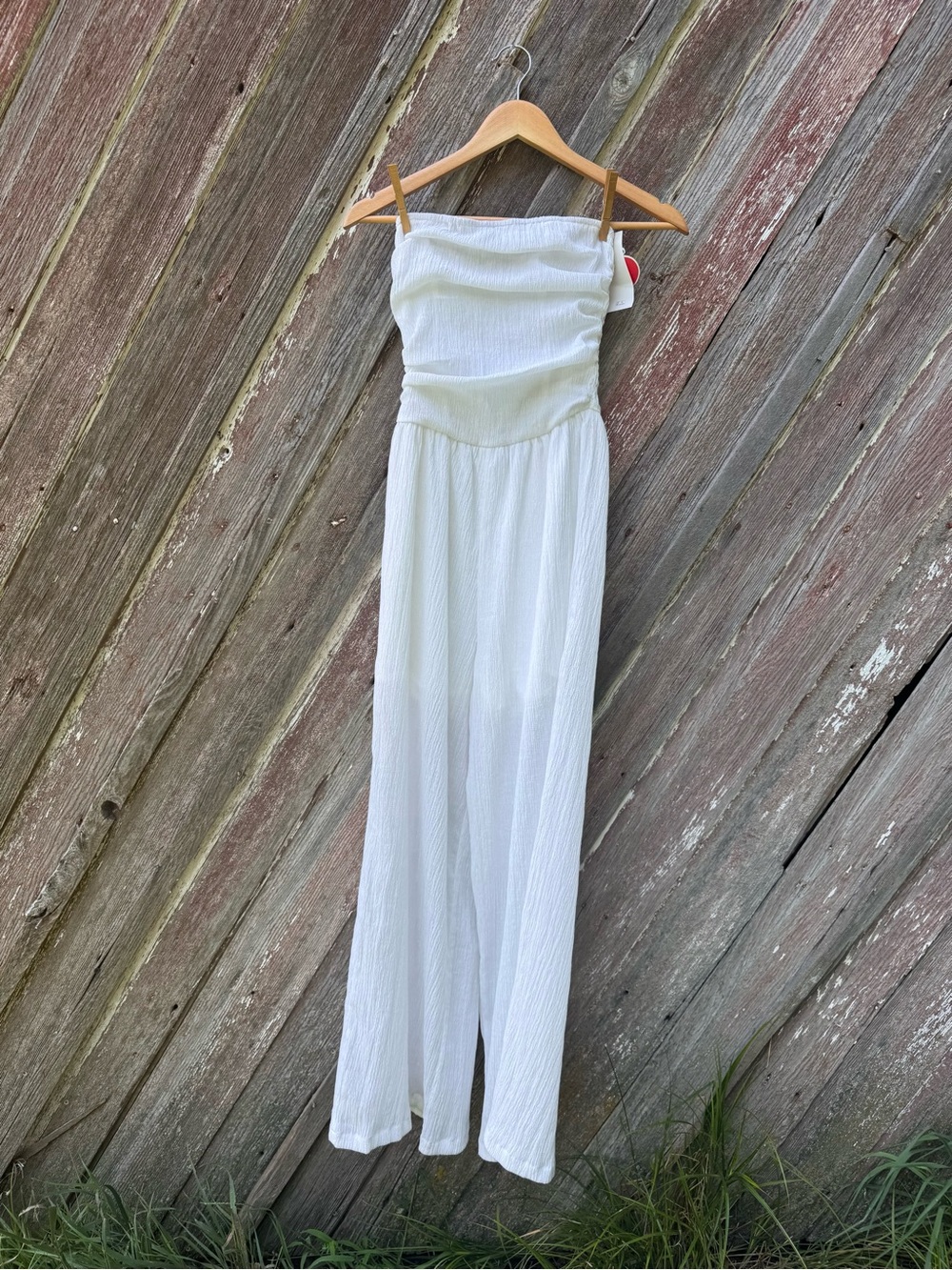 Cider NWT White Strapless Wide Leg Jumpsuit XS Textured Ruched Bridal Resort